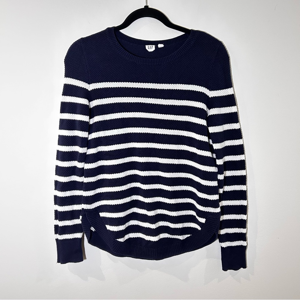 GAP Navy and White Striped Crew Neck Sweater, Size XS, curved detail at bottom